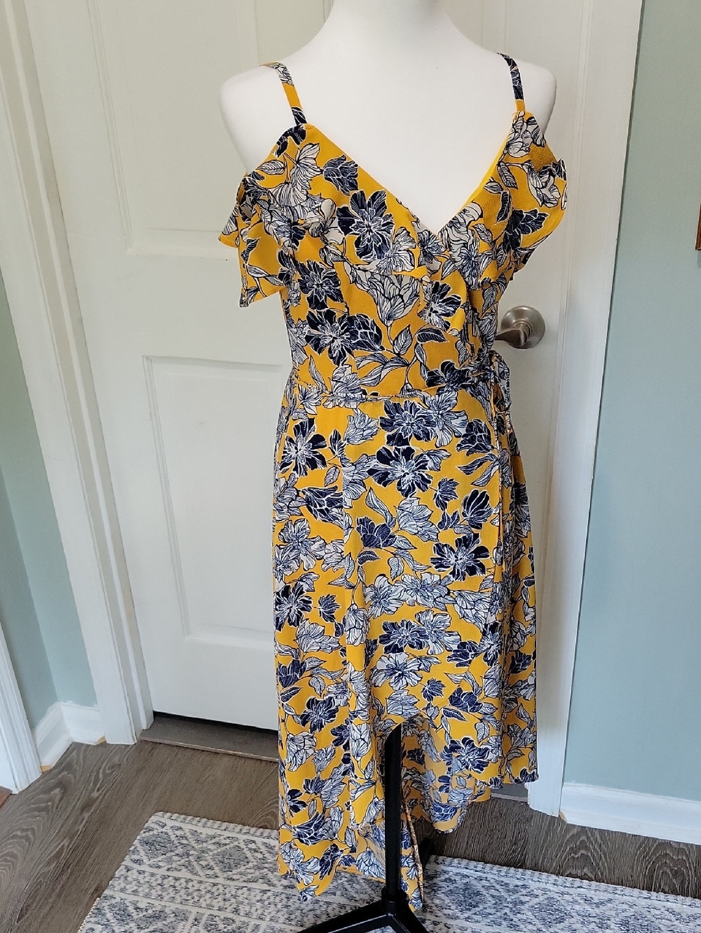 Iz Byer Mustard Yellow Navy Blue Floral High-Low Ruffle Sundress Size S, Summer